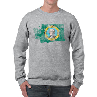 Washington Distressed State Flag Outline Crewneck Sweatshirt - Sport Grey
