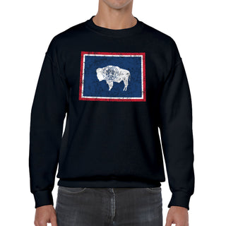 Wyoming Distressed State Flag Outline Crewneck Sweatshirt - Black