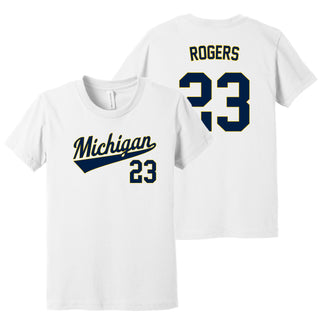 Michigan NIL Baseball Rogers 23 Canvas Jersey Youth T-Shirt - White