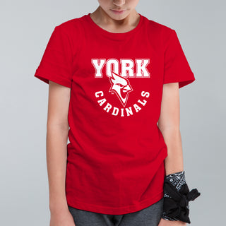 York College Cardinals Arch Logo Basic Cotton Youth Short Sleeve T Shirt - Red