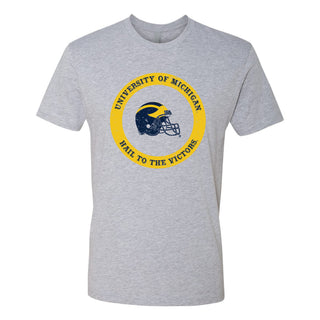 Football Helmet Hail to the Victor Circle University of Michigan Premium Short Sleeve Tee - Heather Grey