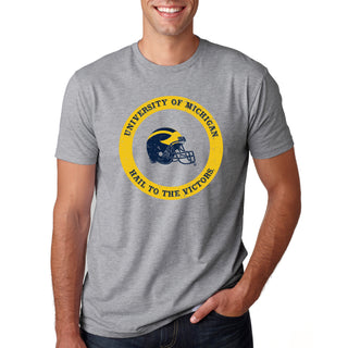 Football Helmet Hail to the Victor Circle University of Michigan Premium Short Sleeve Tee - Heather Grey