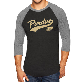 Purdue University Boilermakers Baseball Jersey Script Raglan - Vintage Black/Premium Heather