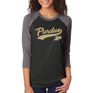 Purdue University Boilermakers Baseball Jersey Script Raglan - Vintage Black/Premium Heather