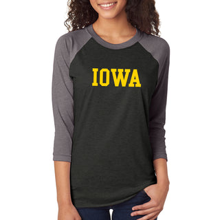 University of Iowa Hawkeyes Basic Block Raglan T Shirt - Vintage Black/Premium Heather