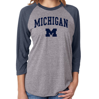 Michigan Wolverines Arch Logo 3/4-Sleeve Raglan - Prem Htr/Vtg Navy