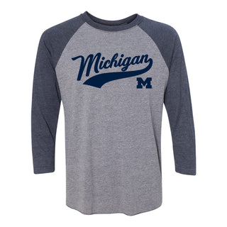 Baseball Jersey Script University of Michigan Raglan T Shirt - Premium Heather / Vintage Navy