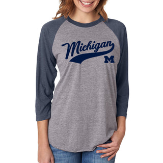 Baseball Jersey Script University of Michigan Raglan T Shirt - Premium Heather / Vintage Navy