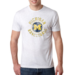 Basketball Distress University of Michigan Triblend Short Sleeve T Shirt - Heather White