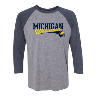 Varsity Script Helmet University of Michigan Triblend Baseball Raglan T Shirt - Premium Heather / Vintage Navy