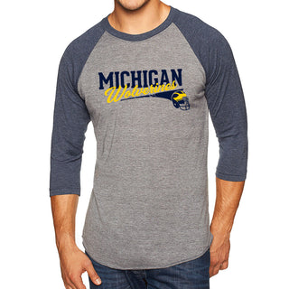 Varsity Script Helmet University of Michigan Triblend Baseball Raglan T Shirt - Premium Heather / Vintage Navy