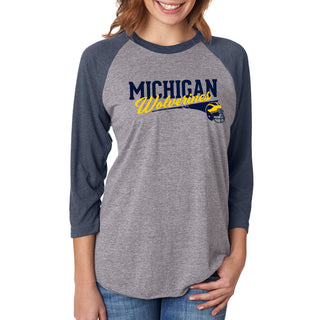 Varsity Script Helmet University of Michigan Triblend Baseball Raglan T Shirt - Premium Heather / Vintage Navy