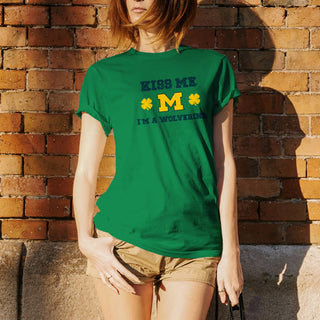 University of Michigan Kiss Me I'm a Wolverine Basic Cotton Short Sleeve T Shirt - Irish Green