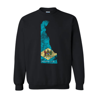 Delaware Distressed State Flag Outline Crewneck Sweatshirt - Black