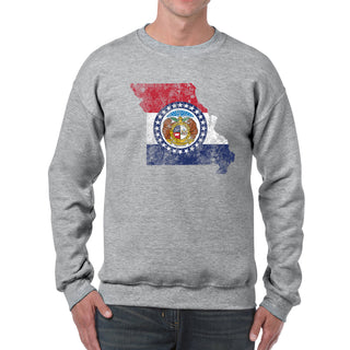 Missouri Distressed State Flag Outline Crewneck Sweatshirt - Sport Grey