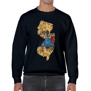 New Jersey Distressed State Flag Outline Crewneck Sweatshirt - Black