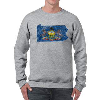 Pennsylvania Distressed State Flag Outline Crewneck Sweatshirt - Sport Grey