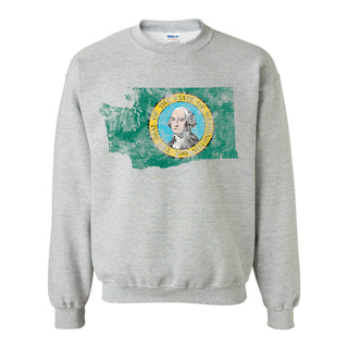 Washington Distressed State Flag Outline Crewneck Sweatshirt - Sport Grey