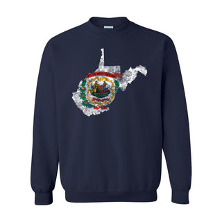 West Virginia Distressed State Flag Outline Crewneck Sweatshirt - Navy