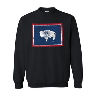 Wyoming Distressed State Flag Outline Crewneck Sweatshirt - Black