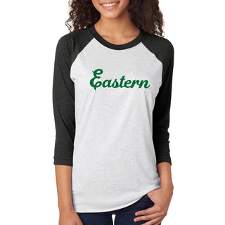 Eastern Michigan Script Logo Triblend 3/4 Sleeve Raglan - Heather White/Vintage Black
