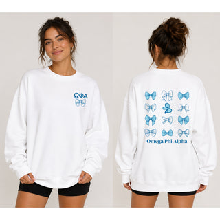 Omega Phi Alpha Greek Bow Bliss Crewneck Sweatshirt - White