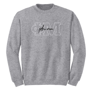 Phi Mu Greek Outline Overlay Crewneck Sweatshirt - Sport Grey