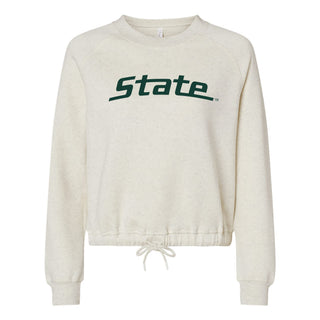 MSU State Wordmark Womens Cinched Boxy Crew - Natural Heather