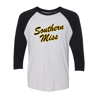 Southern Mississippi Script Logo 3/4 Sleeve Raglan T-Shirt - Htr White/Vtg Black