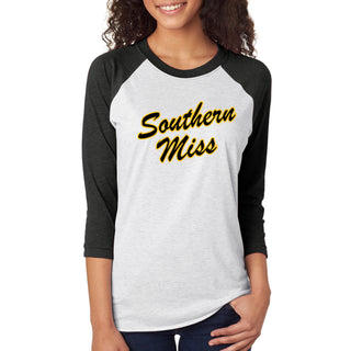 Southern Mississippi Script Logo 3/4 Sleeve Raglan T-Shirt - Htr White/Vtg Black