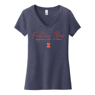 Illinois Thin Script Womens VIT Vneck T-Shirt - Heathered Navy