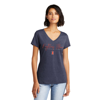 Illinois Thin Script Womens VIT Vneck T-Shirt - Heathered Navy