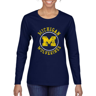 Michigan Distressed Circle Logo Womens Long Sleeve - Navy