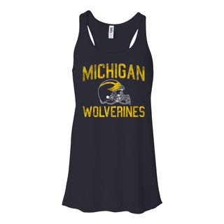 Michigan Faded Football Helmet Women's Flowy Racerback Tank - Midnight