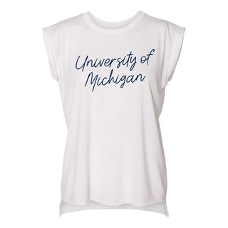 Michigan Sweet Script Women’s Flowy Rolled Cuff Muscle Tee - White