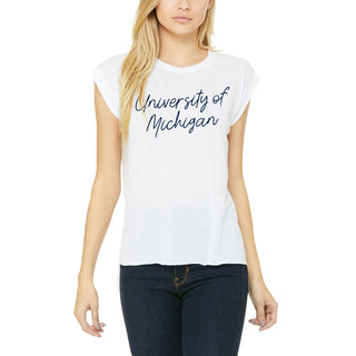 Michigan Sweet Script Women’s Flowy Rolled Cuff Muscle Tee - White