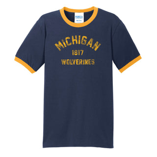 Michigan Vintage Year Arch Ringer T-Shirt - Navy/Gold