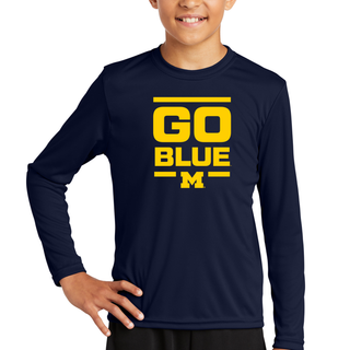 Michigan Go Blue Stripes Youth Performance Long Sleeve - True Navy