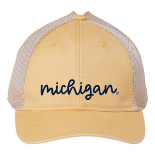 Michigan Pretty Script EMB Women's Ponytail Mesh-Back Cap - Dusty Yellow/Tea