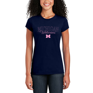 Michigan Pink Outline Womens T-Shirt - Navy