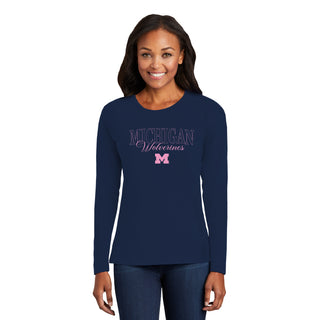 Michigan Pink Outline Womens Long Sleeve - Navy