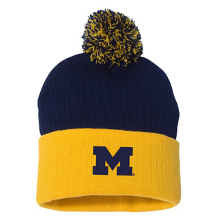 Michigan Primary Pom Pom Cuffed Beanie - Navy/Gold