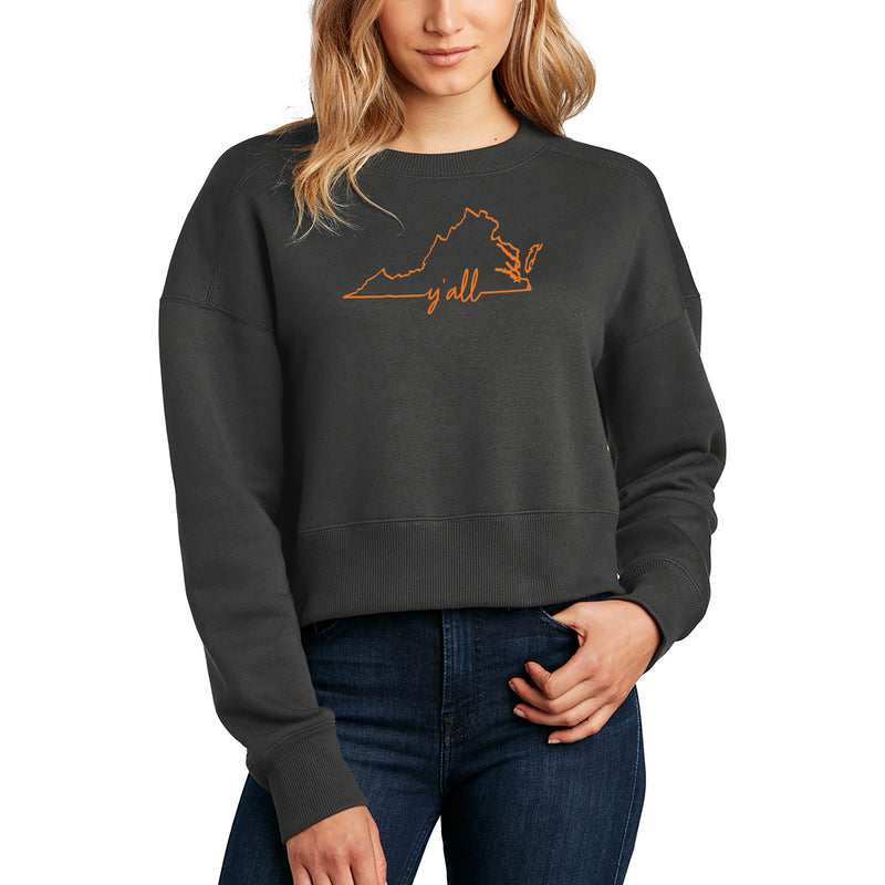 Virginia Y'All Outline Womens Fleece Cropped Crew - Charcoal