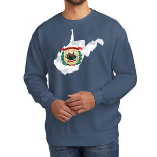 West Virginia Distressed State Flag Outline CC Crewneck - Blue Jean