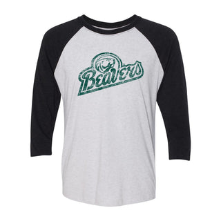 Bemidji State Beavers Script Logo 3/4-Sleeve Raglan - Htr White/Vtg Black