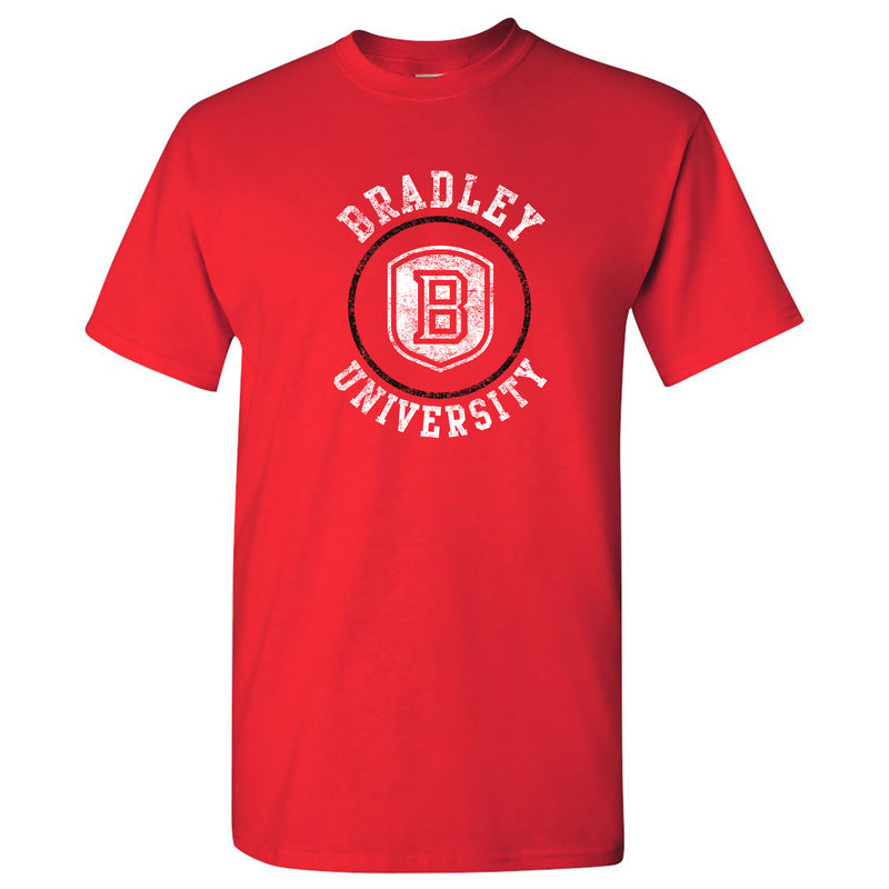 Bradley University Braves Distressed Circle Logo Basic Cotton Short Sleeve T Shirt - Red