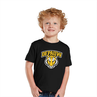 DePauw University Tigers Arch Logo Toddler Short Sleeve T Shirt - Black