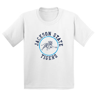 Jackson State Tigers Distressed Circle Logo Youth T Shirt - White