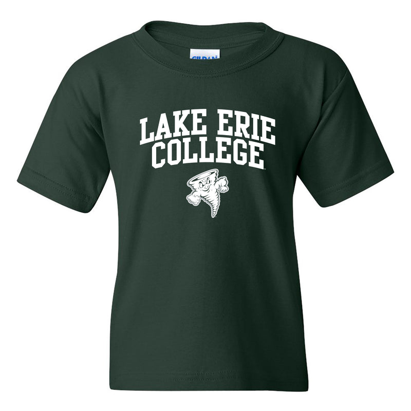 Lake Erie College Storm Arch Logo Youth T Shirt - Forest