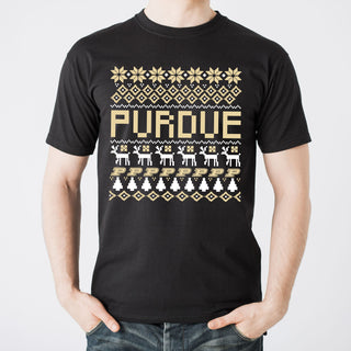 Purdue University Boilermakers Holiday Sweater Short Sleeve T-Shirt - Black